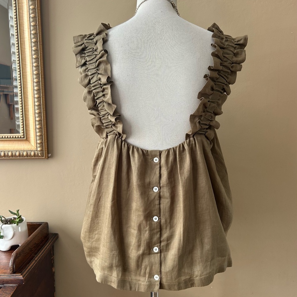 Frame Ruffle Strap Tank Top Button Back Moss Green Square Neck Size XL - Picture 8 of 13